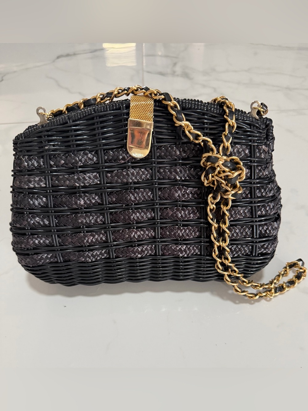 Black Woven Crossbody Bag with Gold Chain Strap